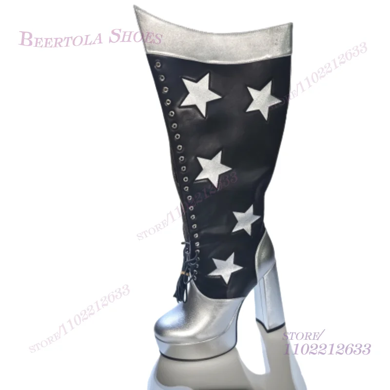 Dark Blue Leather Silver Star Embroidered Boots Girls Platform Knee-High Glitter Booties Chunky Heel Patchwork Zipper Cute Shoes