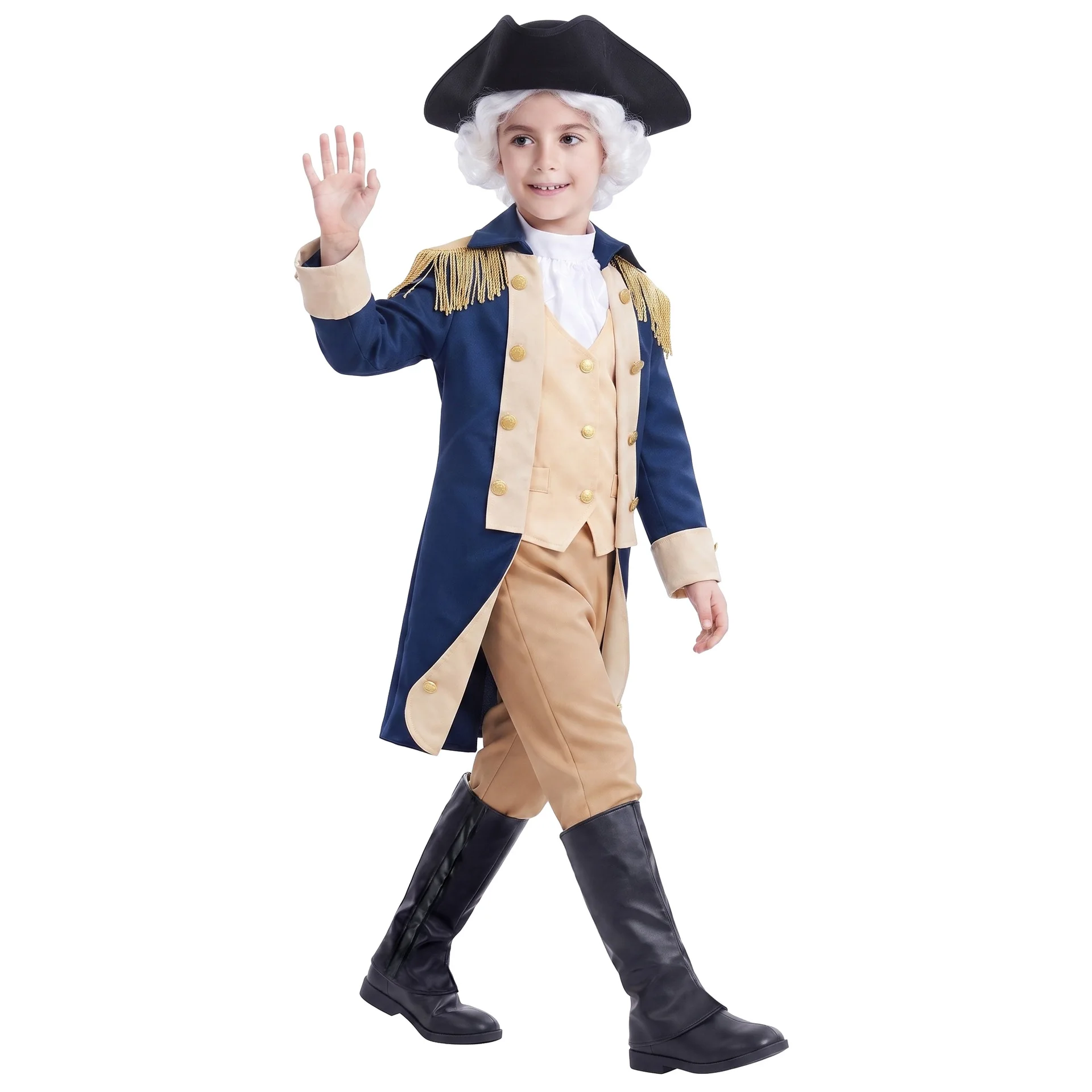 Kids Colonial George Washington Costume Historical Military Officer Outfit With Hat Boys Halloween Party Stage Fancy Dress
