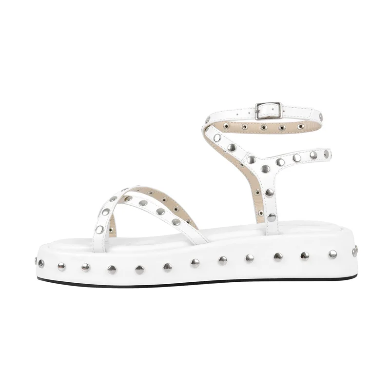 Onlymaker Platform Flats Sandals White Strappy Studded Summer Fashion Women Sandals