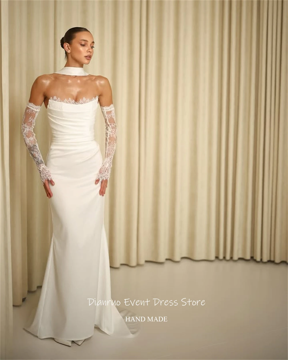 Dianruo Abiti da sposa con applicazioni increspate Sirena senza spalline Abiti da sposa Boda Nastri Abiti da sera in pizzo civile Personalizzati