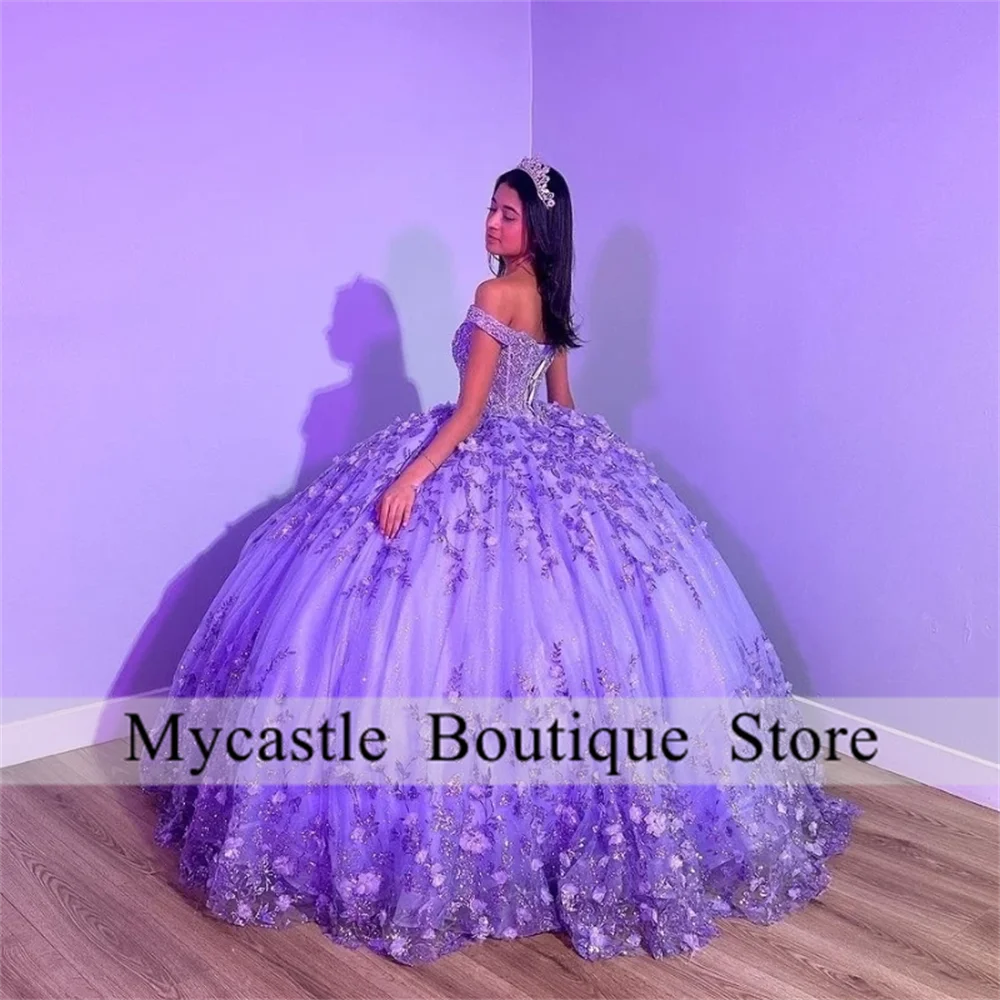 Vestidos de quinceañera de princesa hinchados brillantes morados 2025, cuentas con hombros descubiertos, Gillter Floral 3D con cordones, Vestidos personalizados de 15 años