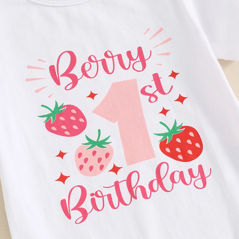 

Baby Girls Birthday Outfit Sets Short Sleeve Letter Print Romper Tops Strawberry Print Flared Pants Headband Sets