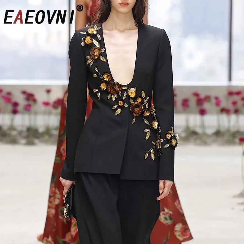 

EAEOVNI Высококачественный модный пиджак женский с v-образным вырезом 3D цветочный дизайн куртка уличная одежда 2025 новая одежда элегантная куртка