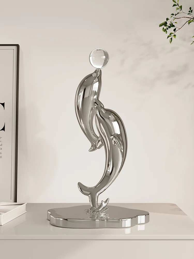 Plating Crystal Ball Dolphin Statue Ornament,Luxury Living Room,Wine Cabinet,Office Statuette,Desktop Decoration, Customized