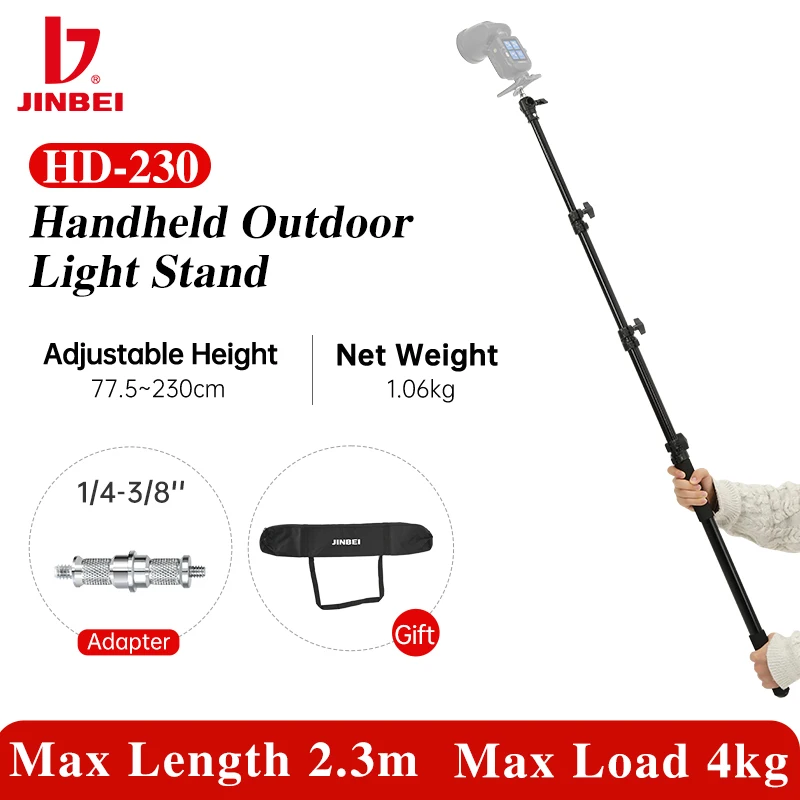 JINBEI HD-230 7.5ft / 230cm Handheld Portable Light Stand Boom Telescoping Outdoor Photography Monopod Aluminum Tripod for flash