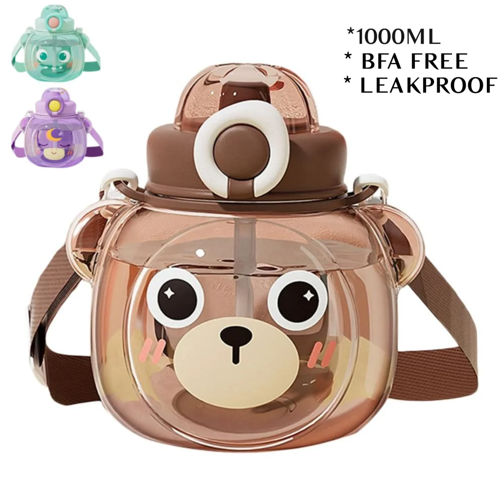 

Bear Water Bottle With Straw, Leak-Proof Large Round kawaii w/ FREE WATCH