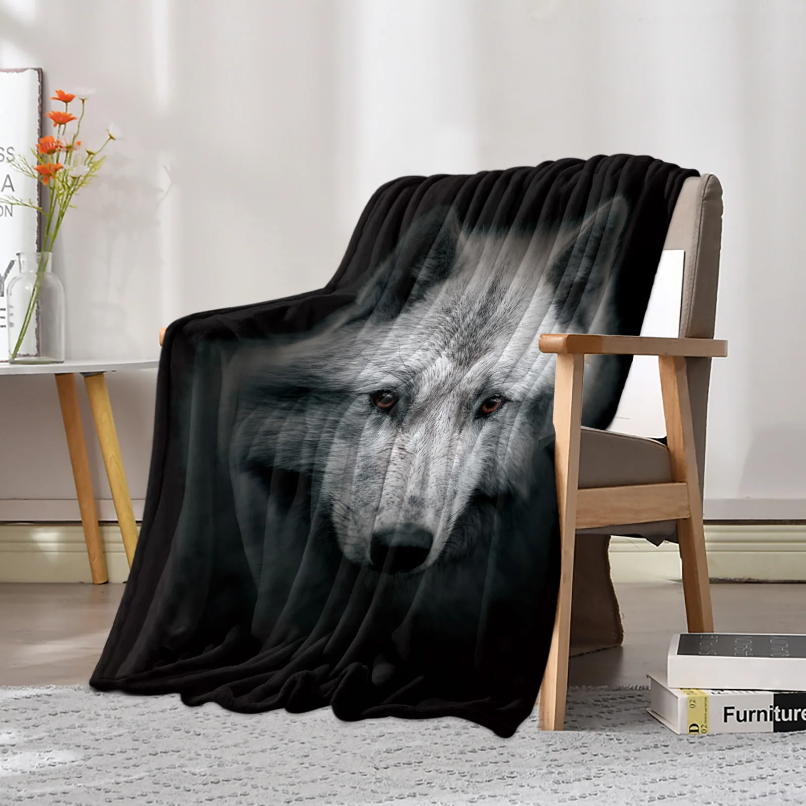 Animal Wolf Head Black Printed Throw Blanket Flannel Fleece Blankets Warm Soft Throws for Sofa Couch Bed Bedroom Bedspread