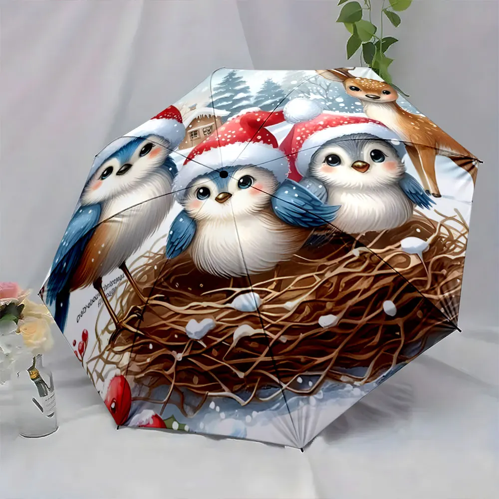 1PC Cute Christmas Birds with Deer on Umbrella Print 8 Iron Ribs Folding Umbrella Auto-Open Fashion Sunshade