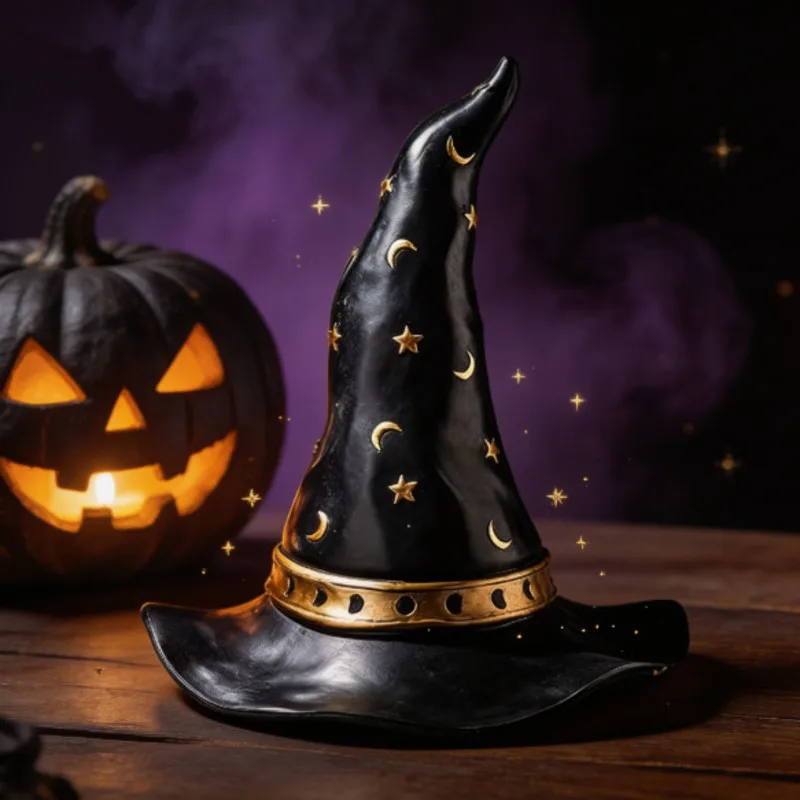 17.5cm Black Witch Hat Resin Figurine Halloween Wizard Hat Statue Spooky Magic Shelf Mantel Table Home Party Decoration