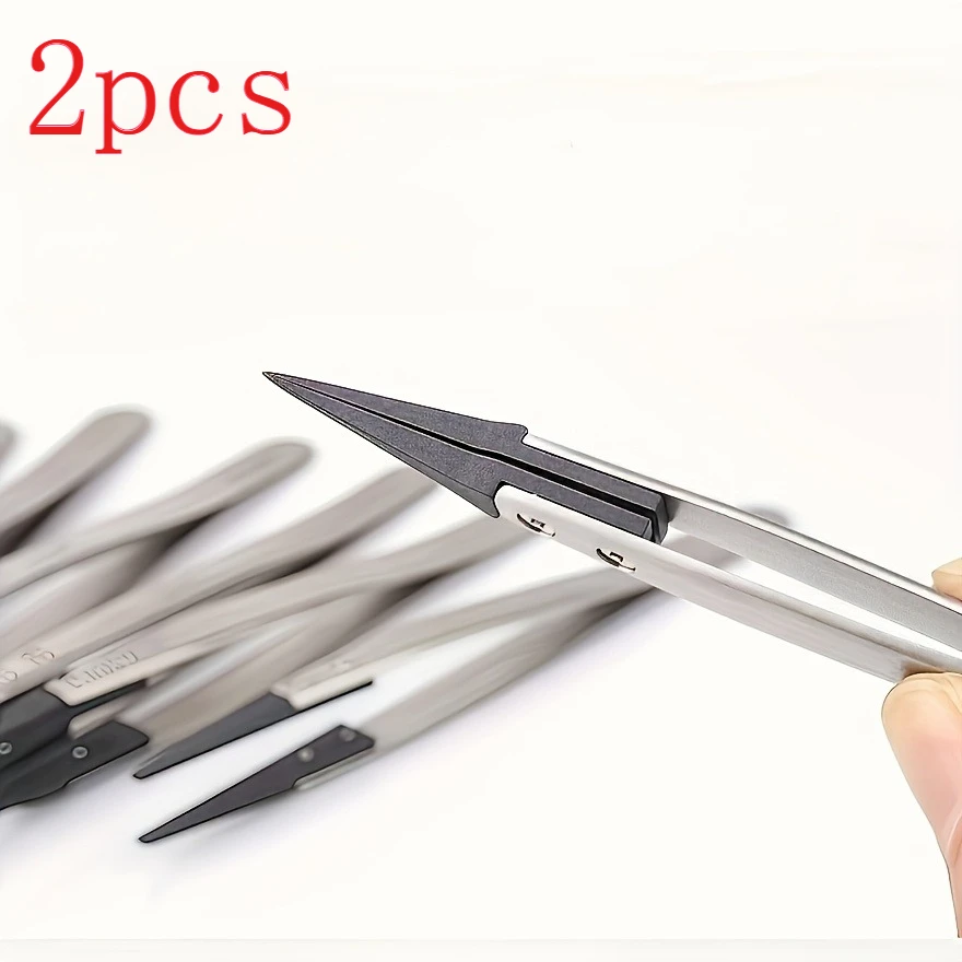 2pcs ESD-Safe Precision Tweezers, Anti-Static Tips with Heavy-Duty Metal for Electronics & Jewelry Repair.