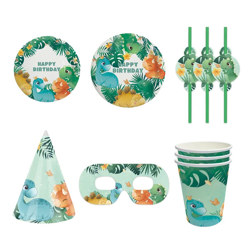 

10pcs Birthday Party Disposable Paper Plates and Cups Dinosaur Animal Theme Party Tableware Decoration Set Happy Birthday Flag