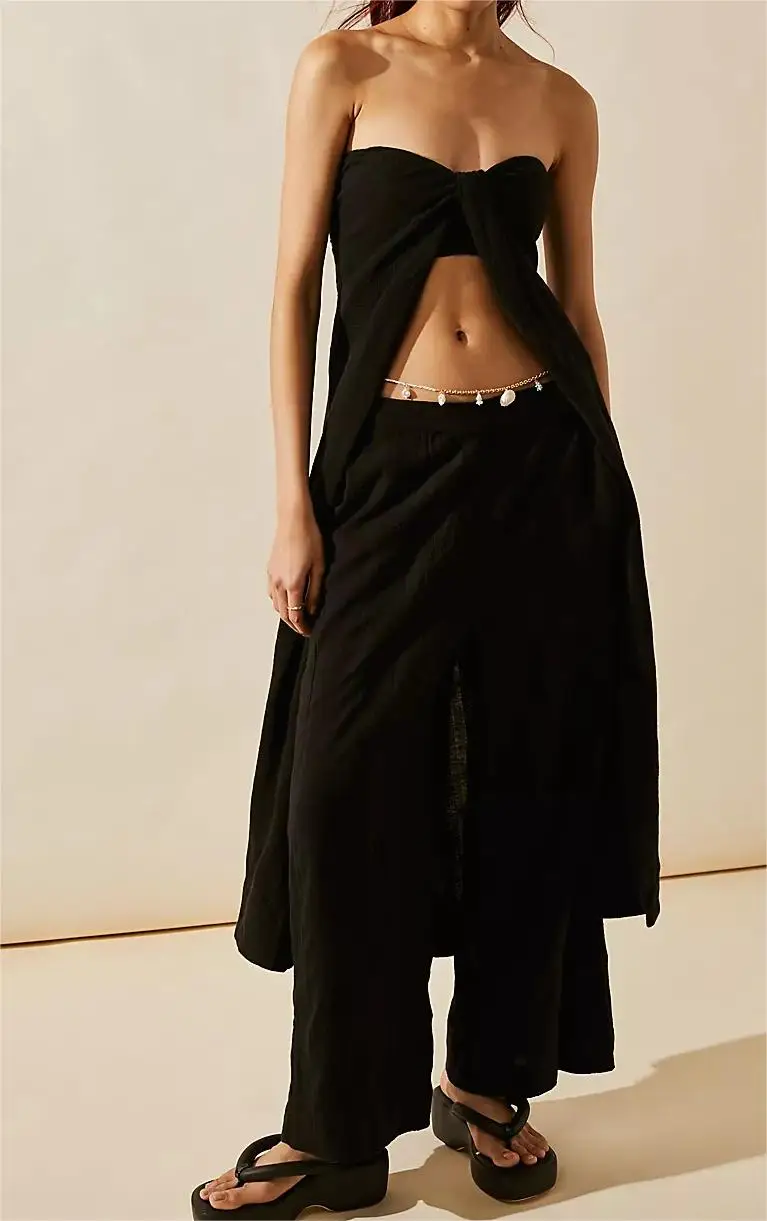 New Fashion Womens 2 Piece Casual Outfits Off Shoulder Open Front Tube Tops Wide Leg Pants Sets Streetwear Skin-Friendly S-XL