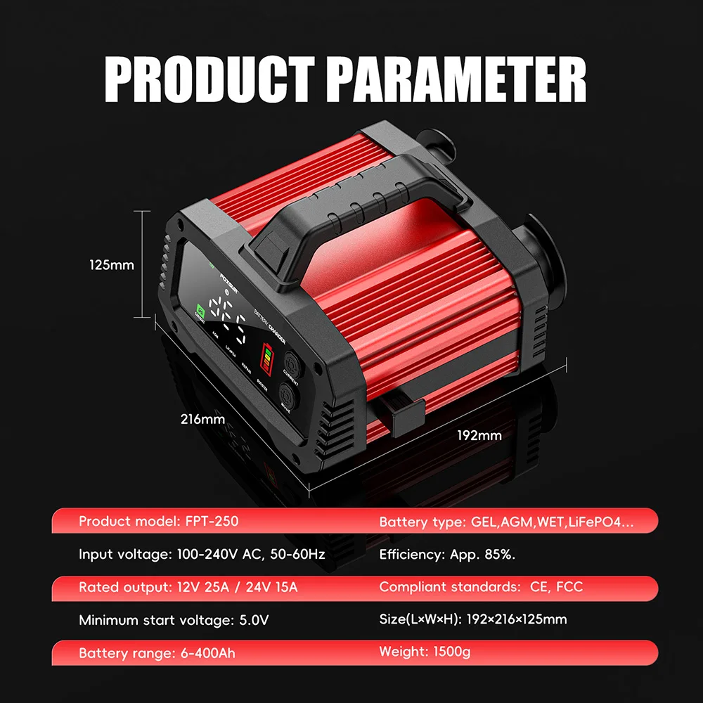 12V 24V FOXSUR FPT-250 Auto Batterie Ladegerät Für Auto Motorrad Lkw High-Power Booster Puls Reparatur für Blei-Säure AGM LiFePo4 – Detail 15