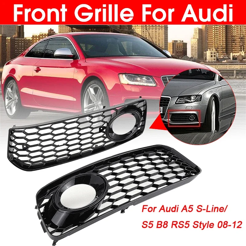 2x New Car Front Fog Light Lamp Cover Honeycomb Mesh Hex Front Grille Grill For Audi A5 S-Line/S5 B8 RS5 2008-2012 Racing Grills