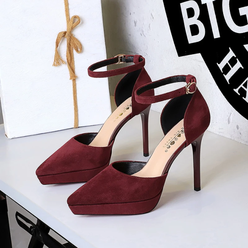 

Temperature Single Strap Waterproof Platform High Heels For Women Suede Hollow Pointed Toe Shoes Versatile Slim Heels For Women