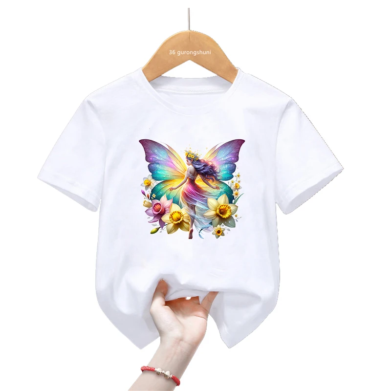 Aquarela Fada Meditação Impresso T-Shirt para Meninas, Lindas Roupas Infantis, Harajuku, Roupas Infantis Kawaii