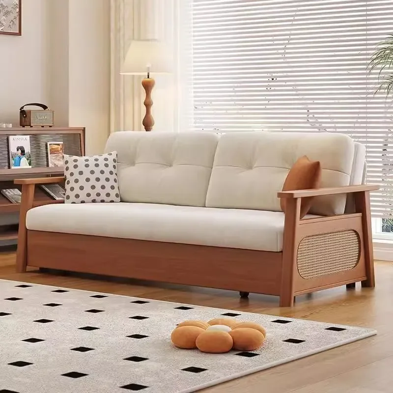 Japanese Cream Solid Wood Sofa Bed Folding Dual Purpose Space Saving Couch for Small Apartment Living Room Balcony Compact