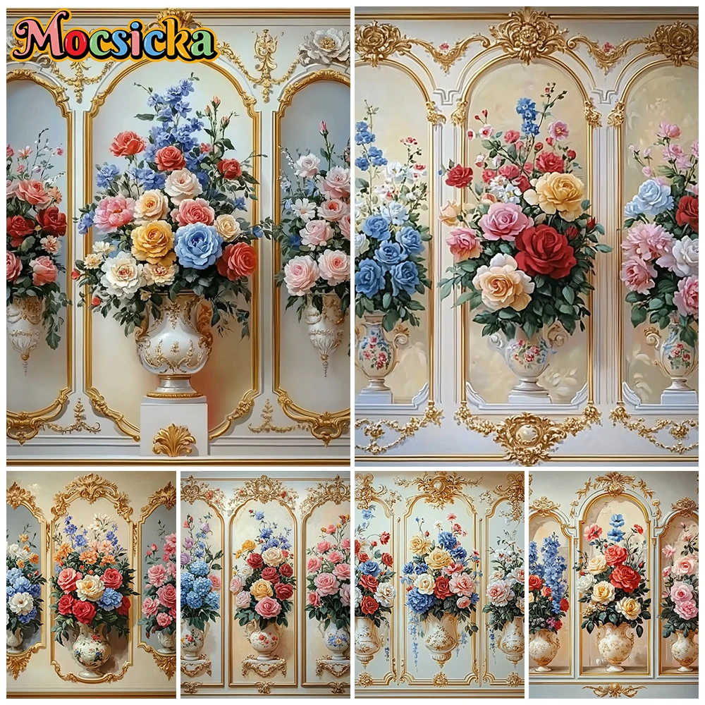 

Mocsicka Vintage Floral Wall Photography Backdrop Palace Oil Painting Ornate Gold Frame Rose Flower Background Studio Photoshoot
