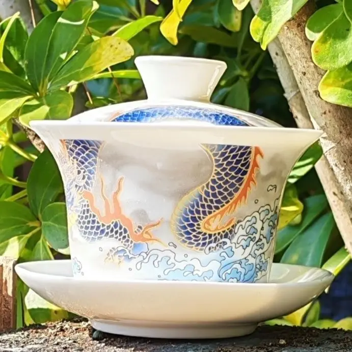 White Porcelain Gaiwan Dragon Single Tea Bowl Hovering Rotatable Gongfu Tea Set 2026 Original Household Office Business Funny