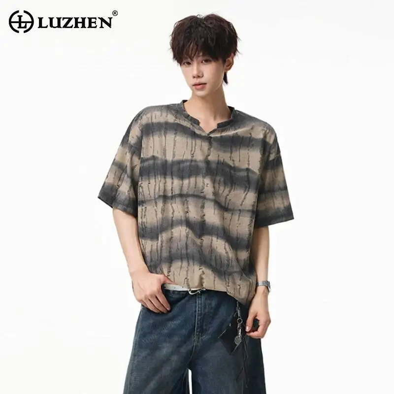 

LUZHEN 2026 Summer Fashion Stripe Tie-dyed Pattern Small V-neck Short Sleeve T-shirts Men's Fashion Handsome Loose Tops JY7182