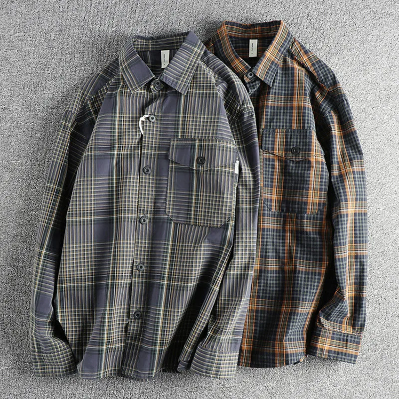 American Retro Men's Long Sleeve Shirt with Chest Pocket Autumn Breathable Plaid Woven Washed Long Sleeve Shirt Male Clothes