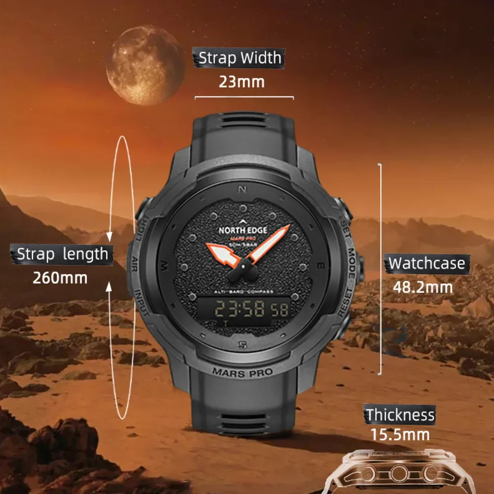 NORTH EDGE Watches for Men Outdoors Sports Male Clock Carbon Fiber Altituder Compass 50M Waterproof Mens Watch Relogio Masculino