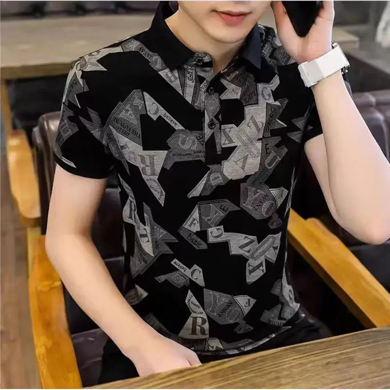 Fashion Letter Spliced Printed T-shirts Summer Turn-down Collar Slim Button Men\'s Clothing Short Sleeve Casual Basic Polo Shirts