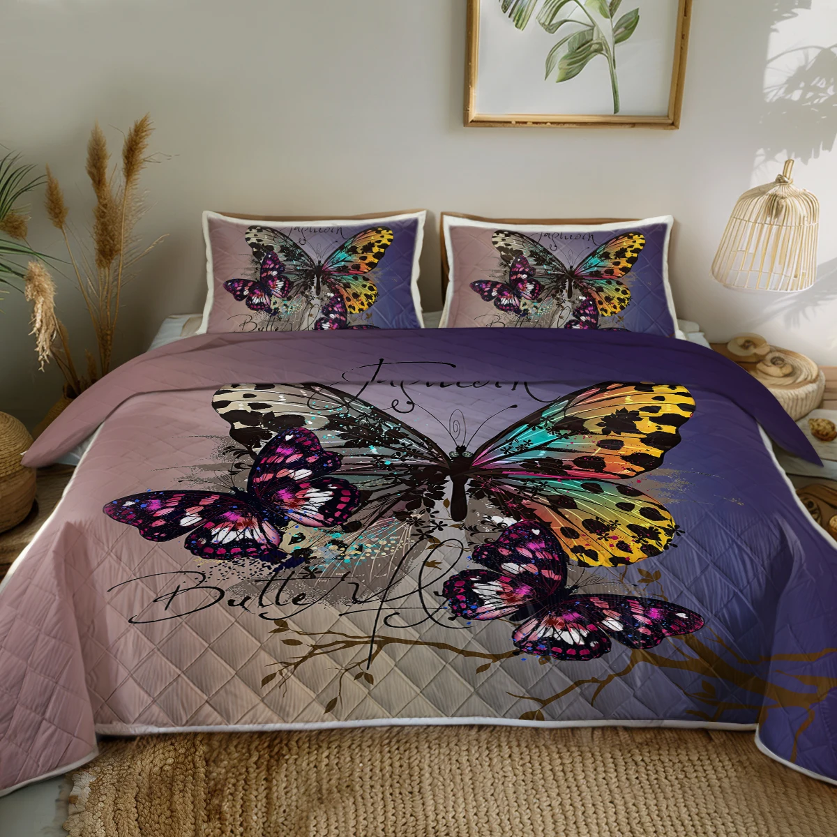 

BeddingOutlet Fashion Colorful Butterfiy Theme Quilt Set Rustic Flowers Printed Comforter With 2 Pilowcases For Home Bedroom Bed