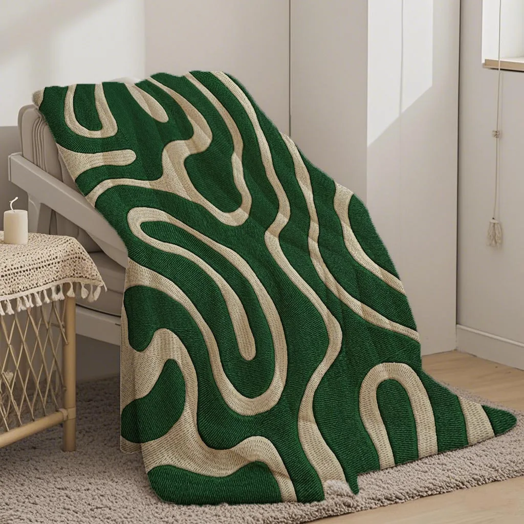 Green Abstract Swirl Print Flannel Blanket, Suitable for Sofa, Bed, Travel, Camping, And Office - Machine Washable, Comfortable