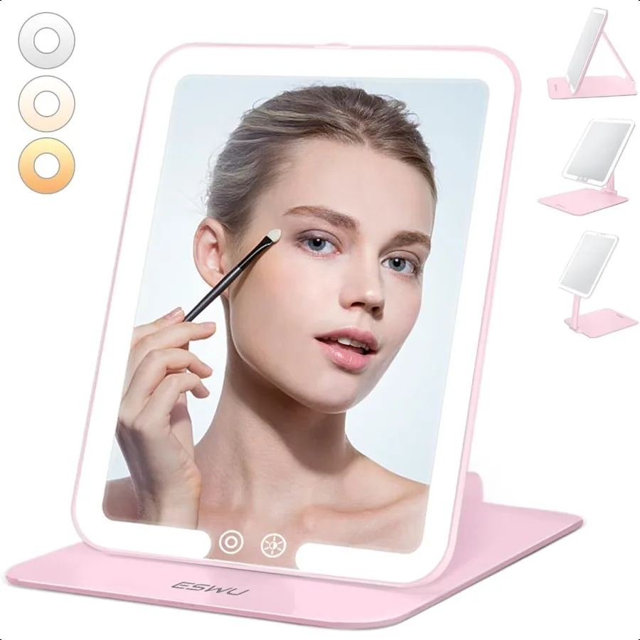 

Travel Makeup Mirror with Light Portable Folding Make Up Tabletop Mirror with 58 LEDs 3 Colors Light Modes Rechargable Compact