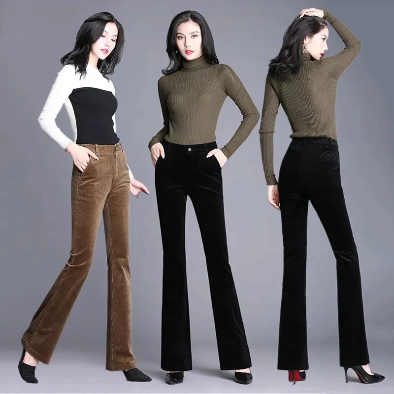 Pantalones acampanados de pana de cintura alta para Mujer, moda coreana, Pantalones marrones ajustados sólidos, Pantalones elegantes para Mujer, primavera y otoño 2022