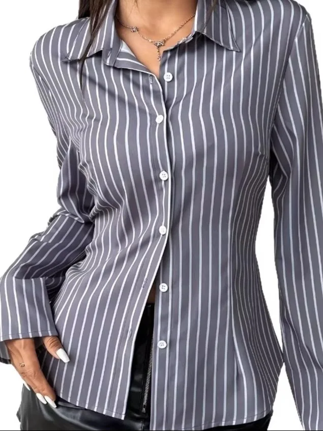 Femmes coupe ajustée rayé boutonné irt décontracté Sle Long Sve haut Faionable Ele chinois Brandl vêtements