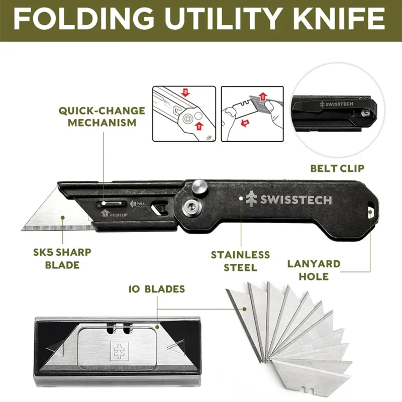 SWISS TECH Mini Folding Knife Stationery keychain Multitool Pocket knives EDC Box Cutter Utility Knife With Replaceable blades