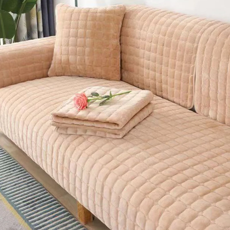 Living Room Sofa Protect Cushion Simple Single Color Plaid Comfort Plush Anti Slip Fabric Universal Cover Thick Flannel Seat Mat