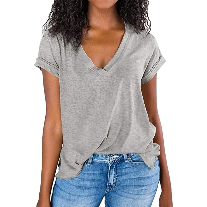 2023 Amazon Wish wiosna/lato nowy Top damski jednolity kolor spleciony dekolt w szpic z krótkim rękawem luźny T-shirt dla kobiet w Europie i Ame