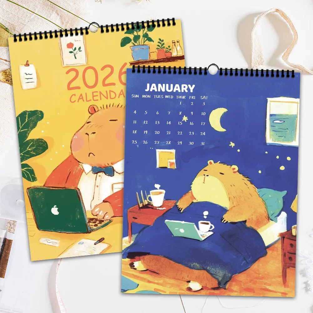 

1 шт. календарь на 2026 год, мультяшная капибара, нарисованная вручную, 12 красивых дизайнов, настенный календарь, идеальный подарок на день рождения, Рождество, Новый год