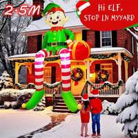 2.5M Christmas Inflatables Sitting Elf with Gift Pack Built-in LED Lights for Outdoor Beam Roof Tree Party Yard Decor Model Prop