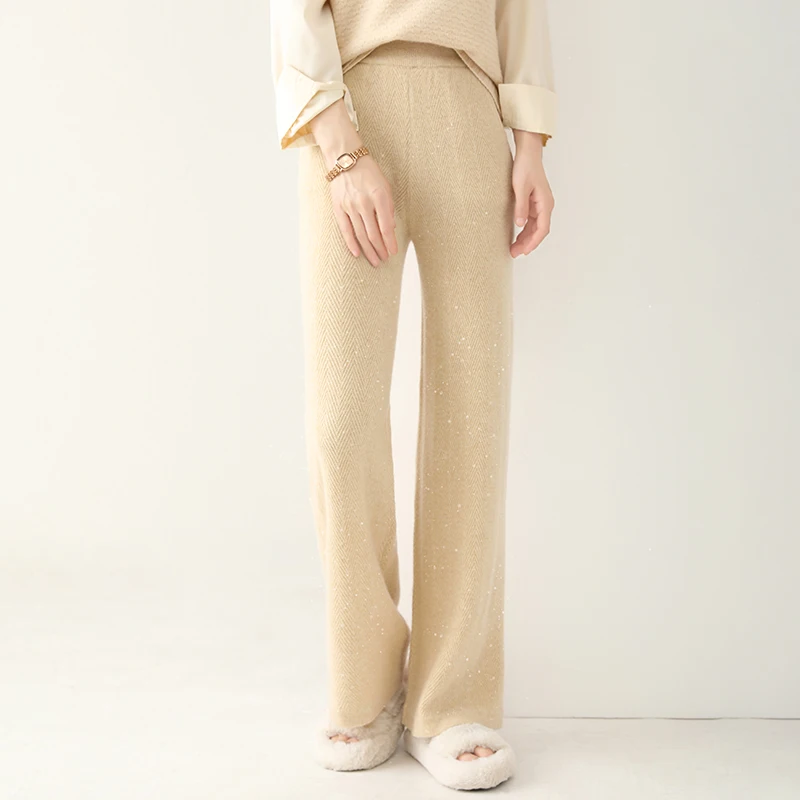 2024 New Wool Women's Pants High Waist Loose Cashmere Floor Pants Knitted Thickened Fashion Hot Selling Women's Pants