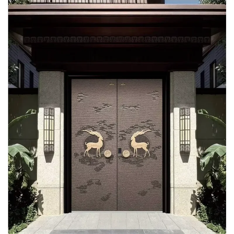 Cast Aluminum Front Door Modern Golden Deer Cloud Relief Sound/Water/Thermal Insulation Custom Made Villa Apartment