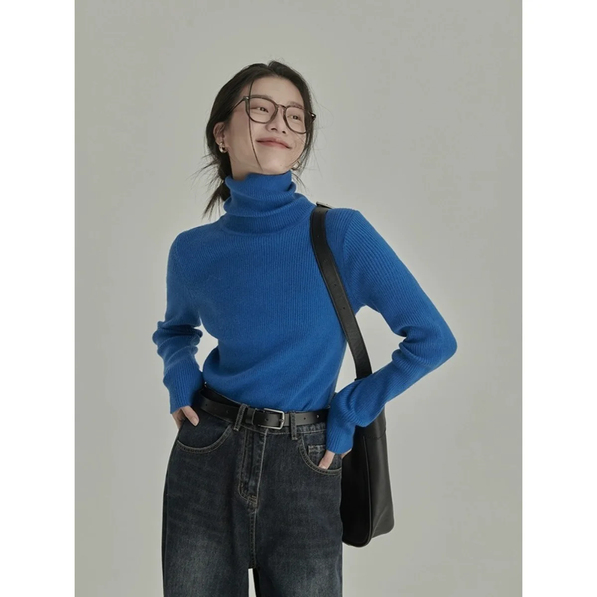 Women Klein Blue Turtleneck Rib Knit Sweater Slim Long Sleeve Soft Warm Winter Basic Layering Undershirt Casual Daily Fitted Top