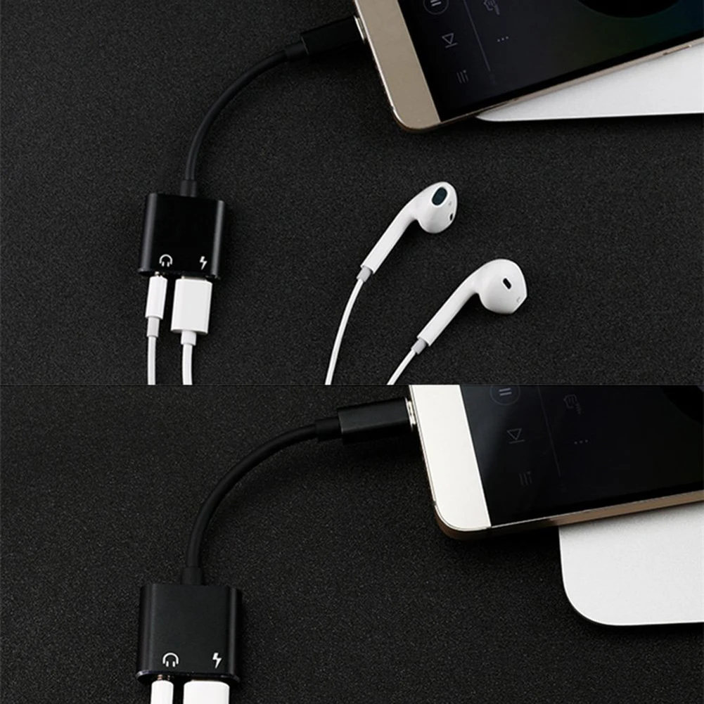 Adaptor Jack Headphone, 2 dalam 1 tipe-c ke 3.5mm/pengisi daya konektor, Earphone Aux Audio & Charge Adaptor hitam