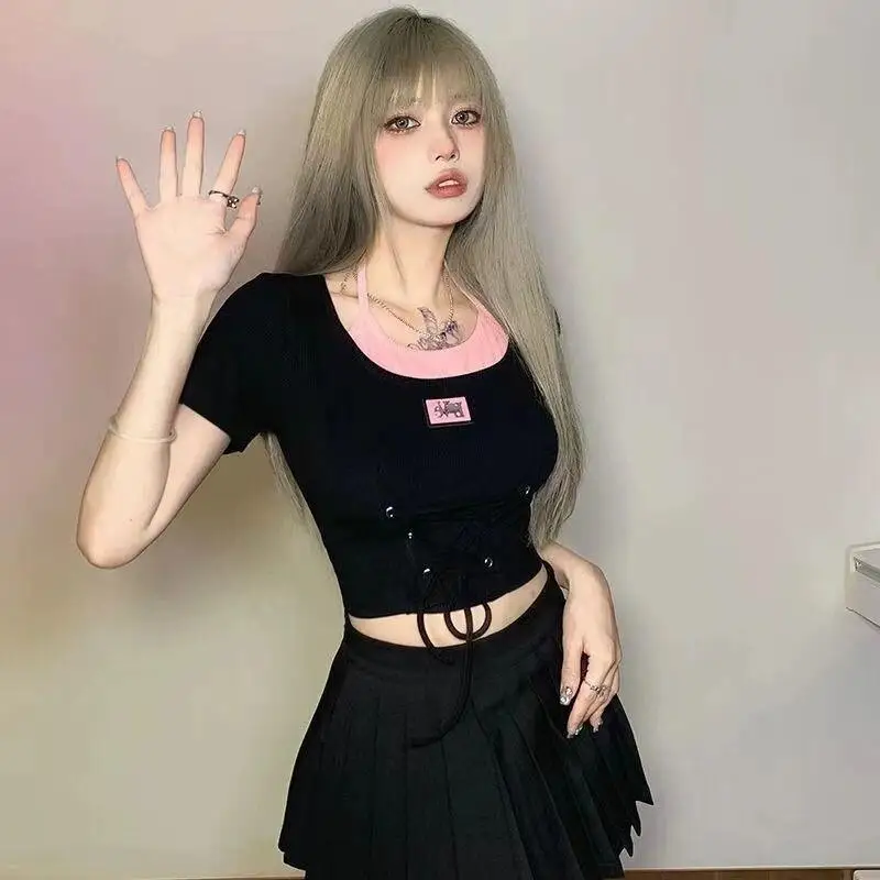 Retro Style Niche Design Sense Women Summer Color Clash Bf Style Sweet Heart Hot Girl Lace Up Unique Halter T Shirt Short Sleeve