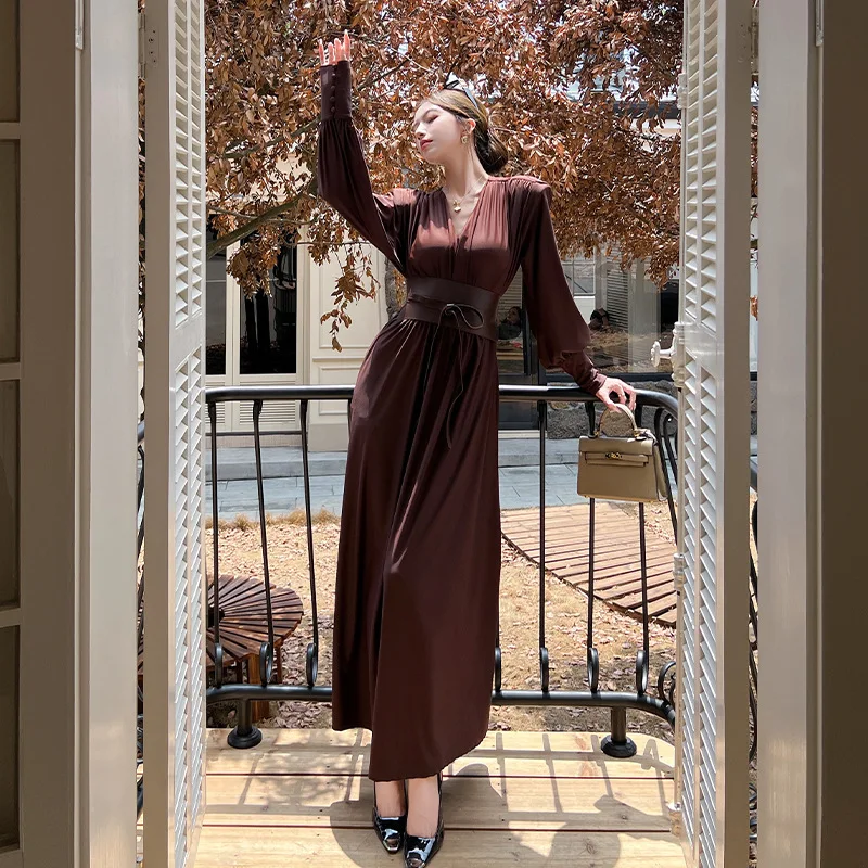 

2026 Spring Summer Women's V Neck Ruffle Waist Belt Maxi Dress Flowy Hem Elegant Party Dress