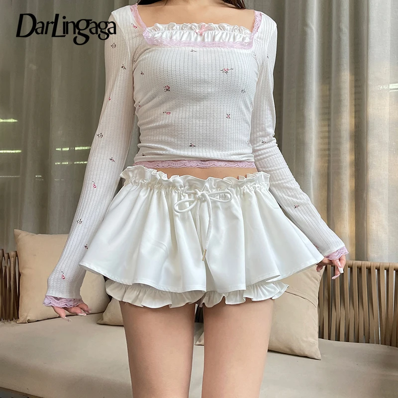 

Darlingaga Hotsweet Coquette White Ruched Shorts Skirt Women Ruched Korean Fashion Shirring Summer Skirt Kawaii Y2K Ruffles Chic