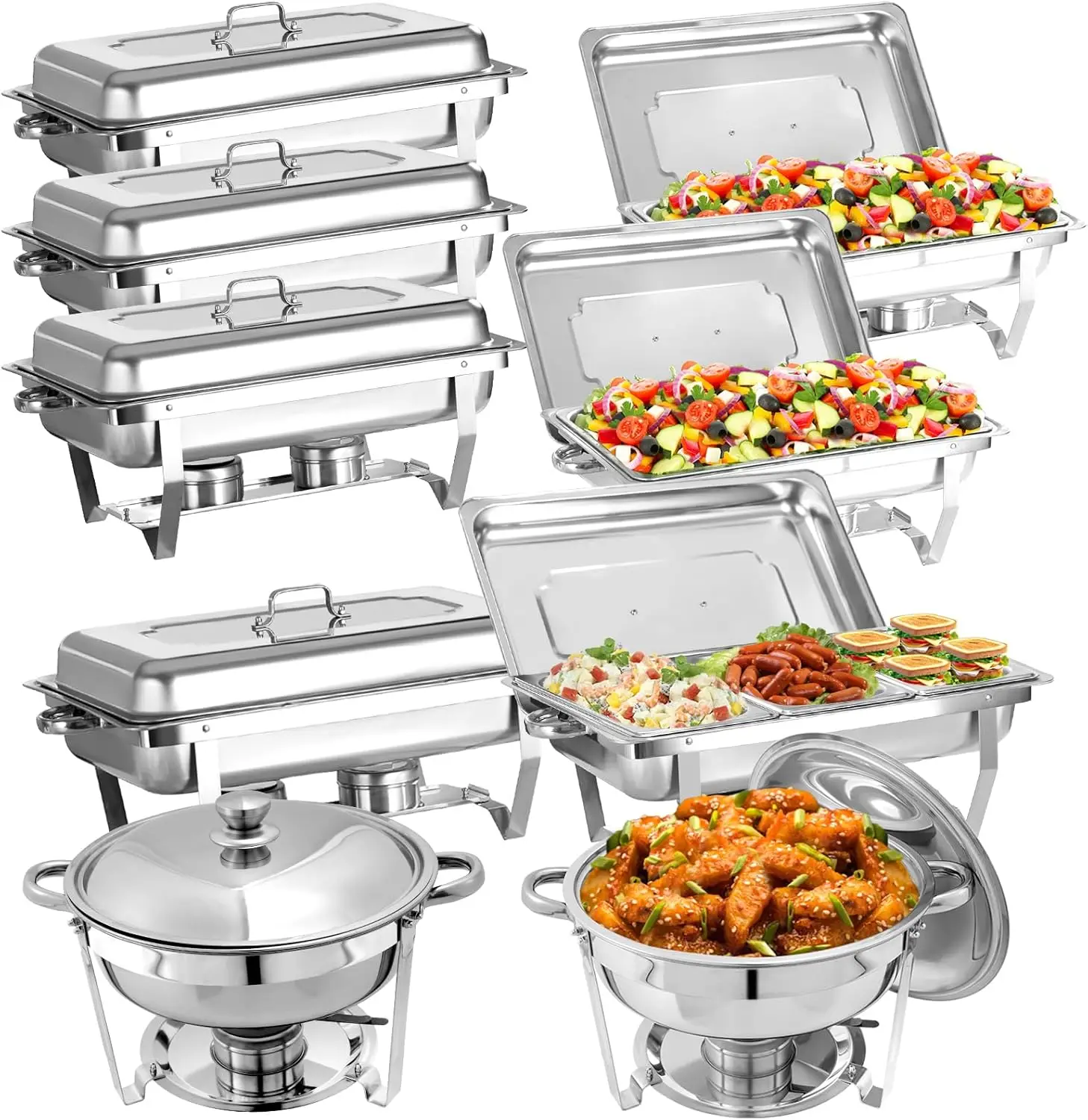 9 Pack Chafing Dish Buffet Set, Stainless Steel Catering Food Warmer For Banquet, Parties, Wedding (5 Packs 8Qt 1/1 Pan + 2