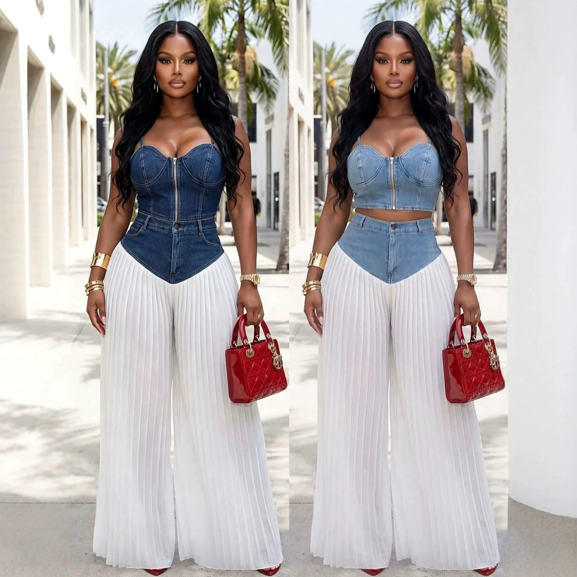 Hosenanzug Damen Denim 2-teiliges Set Tanktop Weite Hose Ensemble Reißverschluss Patchwork Jeans Camisole Outfits Streetwear