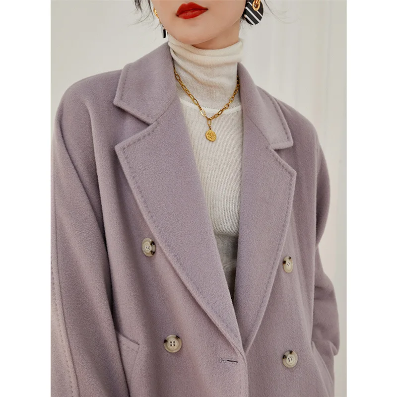 2023 Winter Women Cashmere Coat Camel Color New Loose Lace Wool Coat Female Mid-length Raglan Sleeves Purple Jacket Thickening