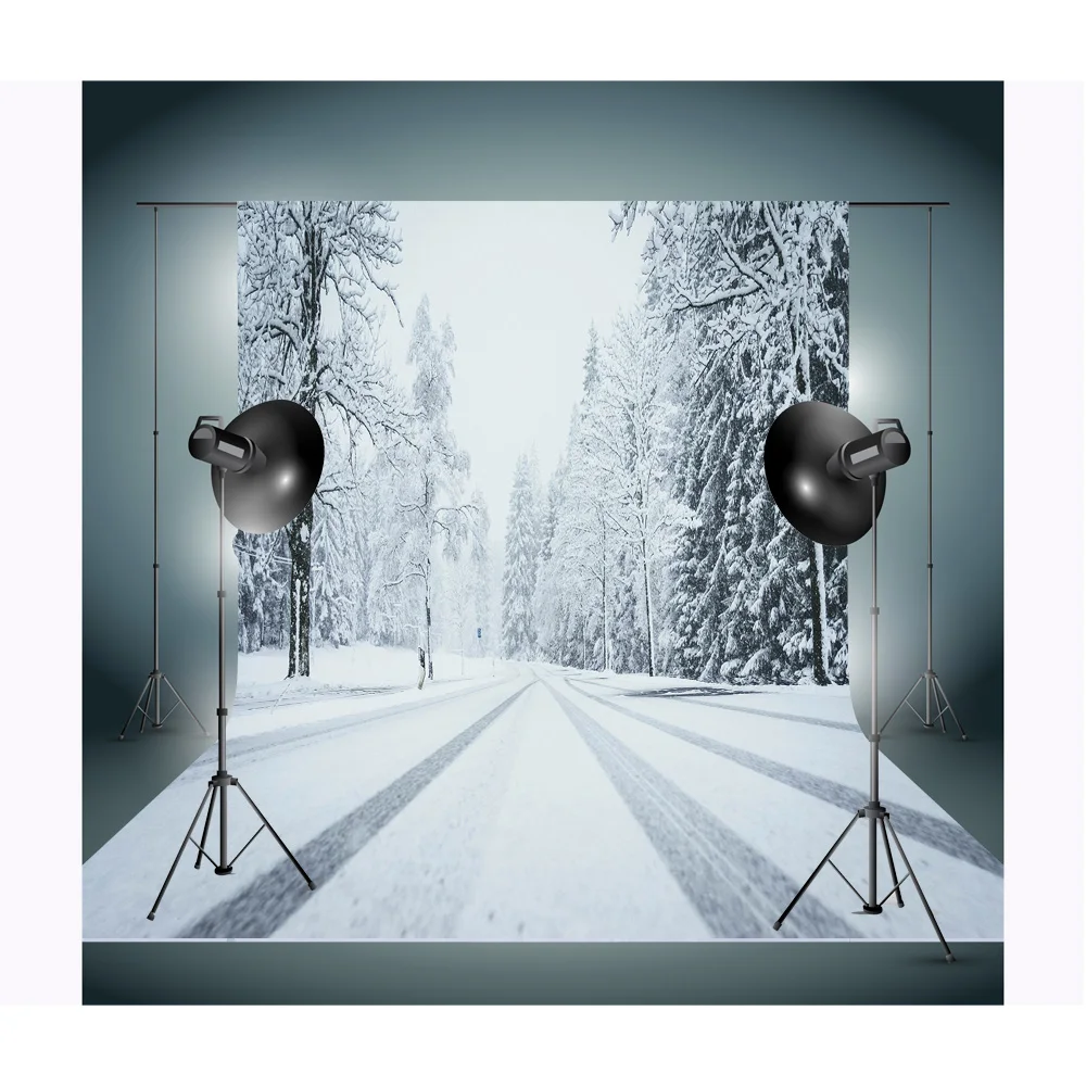 Winter Forest Snowcovered Road Photography Backdrops Blurred Landscape Snowflakes Road Spruce Trees Photo Background XD-18