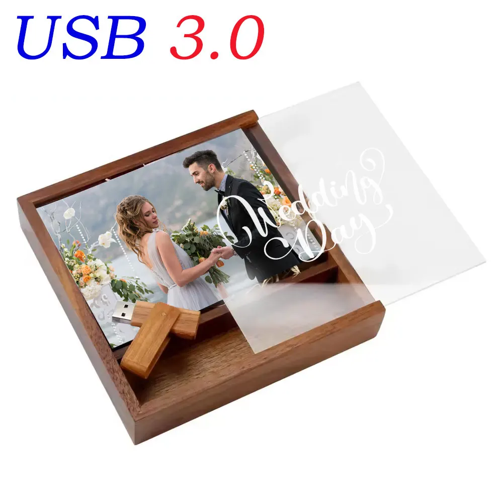 

USB-флешка 3.0 с прозрачной акриловой крышкой, деревянный фотоальбом, флеш-накопитель 64GB, 128GB, 16GB, 32GB, 8GB, 4GB, U-накопитель, подарок на свадьбу