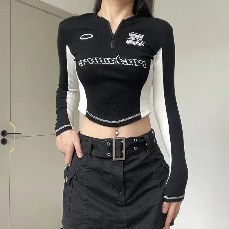 Zip Up V Neck Slim Long Sleeve T-Shirt Korean Style Women's Contrast Patchwork Letter Print Moto & Biker Y2K Crop Tees